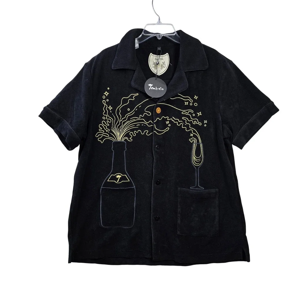 Tombolo Big Brut Cabana Shirt Mens Large Black Terry Cloth Champagne Embroidered